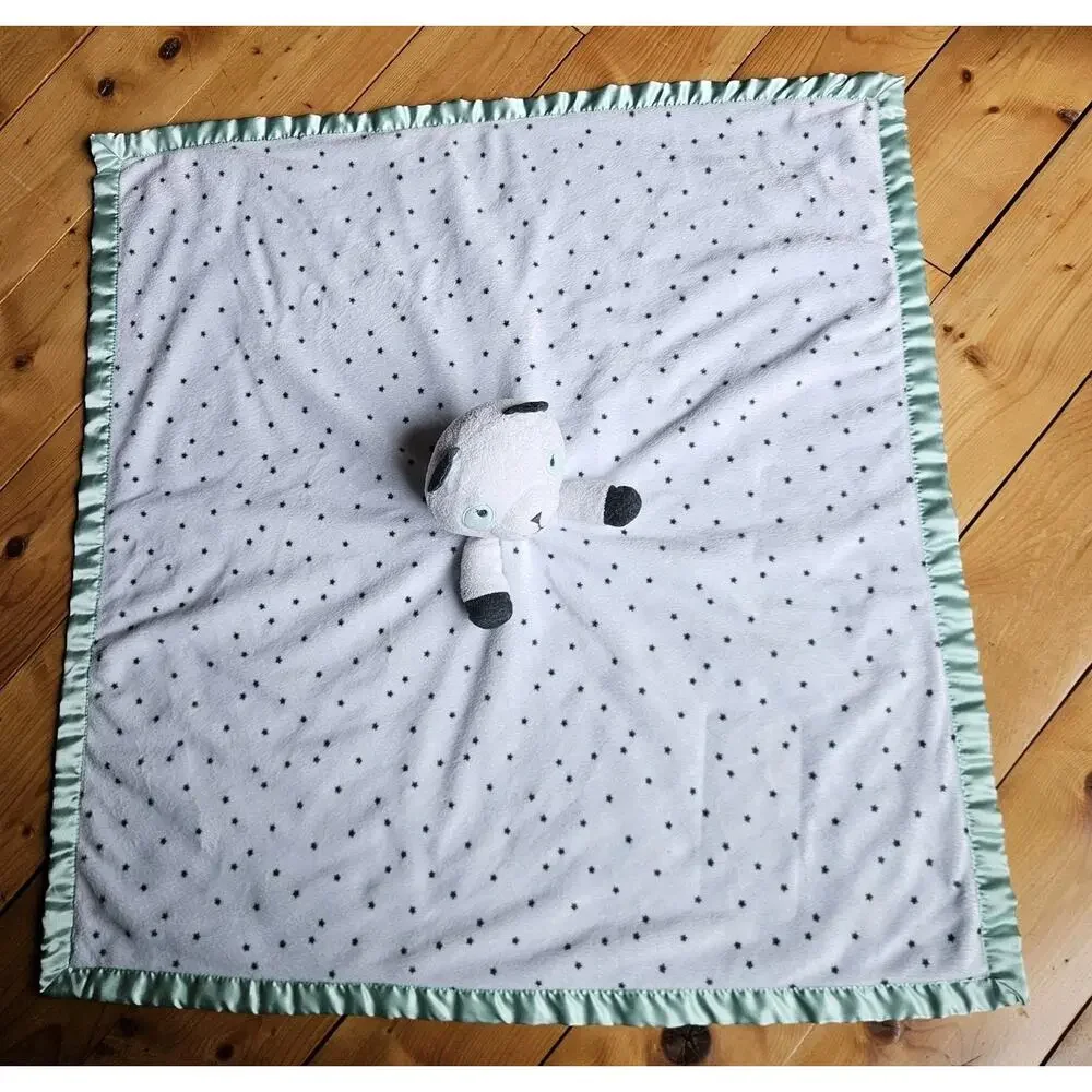 Cloud Island Panda Bear Lovey Mint Green White Stars Satin Baby Security Blanket